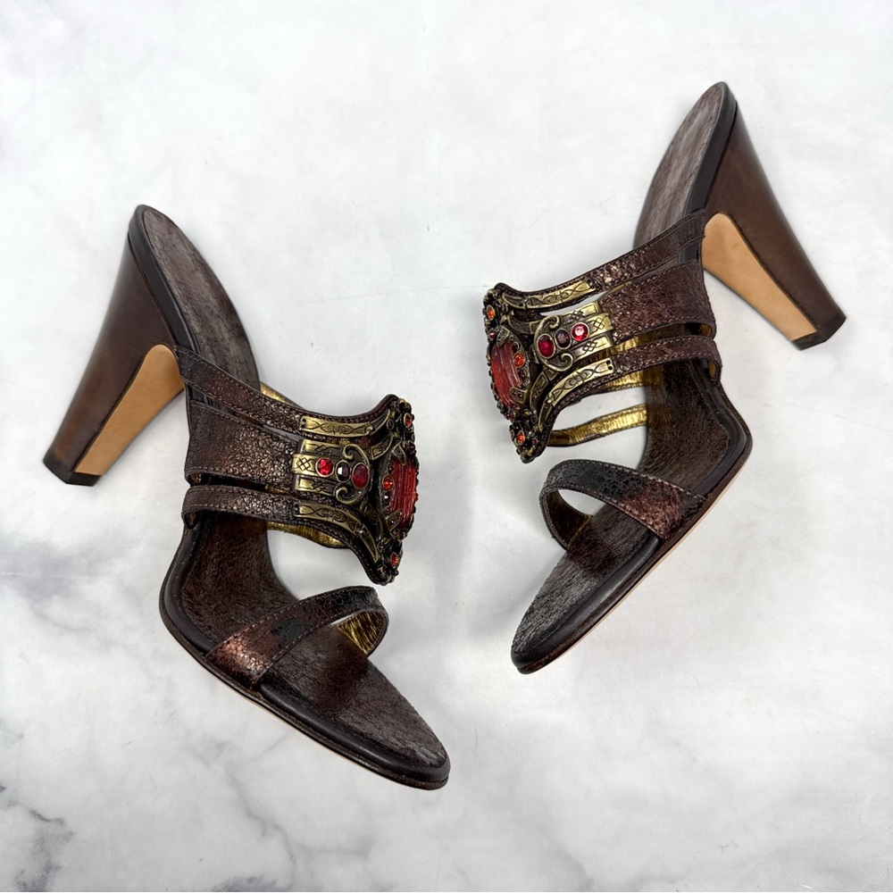 NEW Giuseppe Zanotti Vicini Vintage Y2K Leather Jeweled Mule Sandal Heel Bronze - Picture 5 of 13